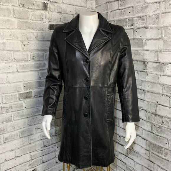 Vintage 90s Danier Black Leather Blazer Trench Coat Overcoat Longline Jacket - Picture 1 of 16